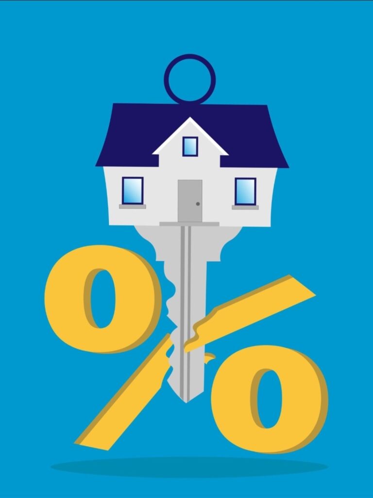 Illustration of a house-shaped key with a large zero percent symbol representing zero down payment mortgage programs.