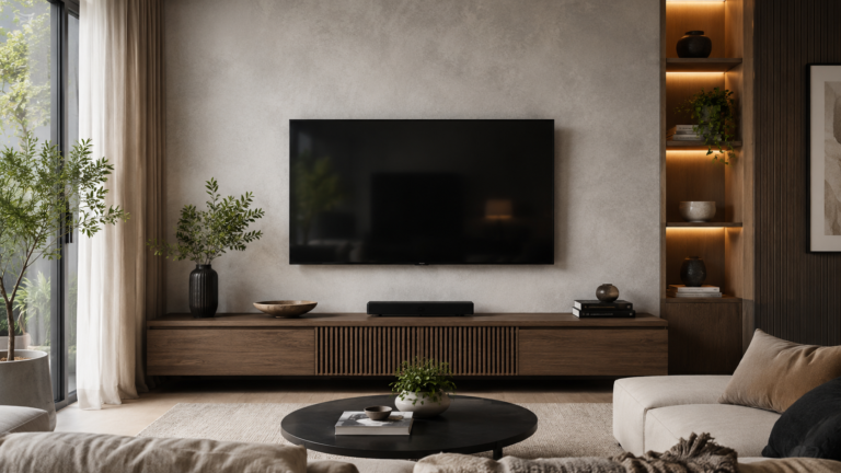 Wall-mounted TV in a modern living room with a wood media console and built-in shelving.