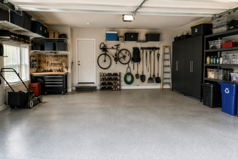 Organized residential garage with tools, storage cabinets, shelves, and seasonal maintenance supplies.