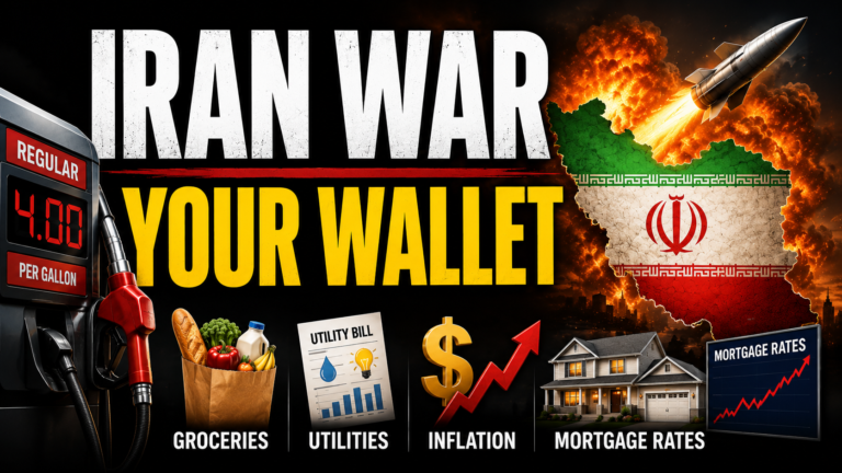 Iran war escalation graphic showing rising gas, grocery, utility, inflation, and mortgage costs