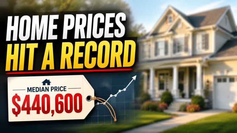 Blurred suburban home with a $440,600 median price tag and text reading “Home Prices Hit a Record”