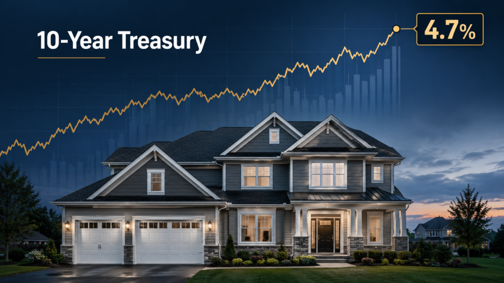 House with financial chart illustrating the 10-year Treasury yield near 4.7% and pressure on mortgage rates