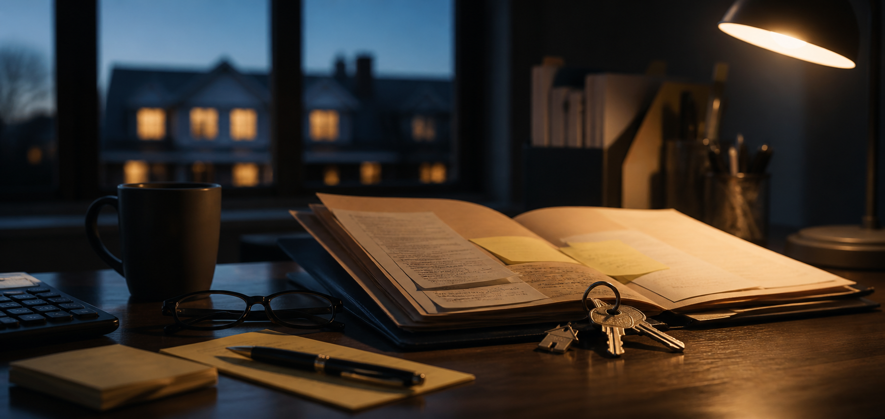 Open mortgage file and house keys on an underwriter’s desk at night